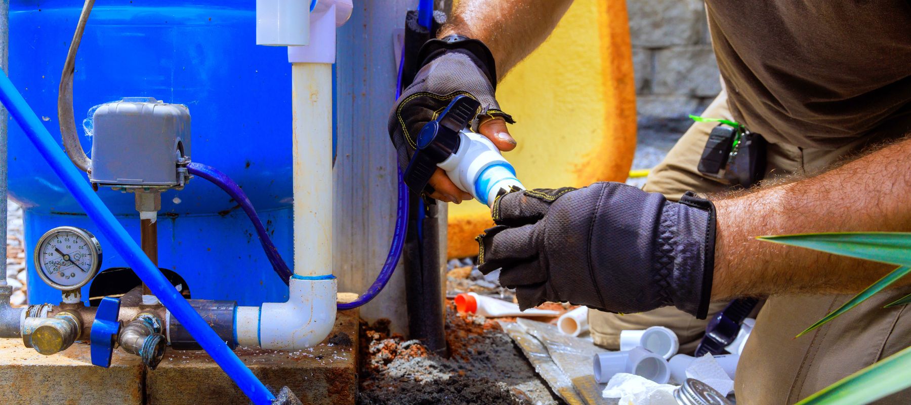Technician connecting plumbing fittings to a residential water well pressure tank system